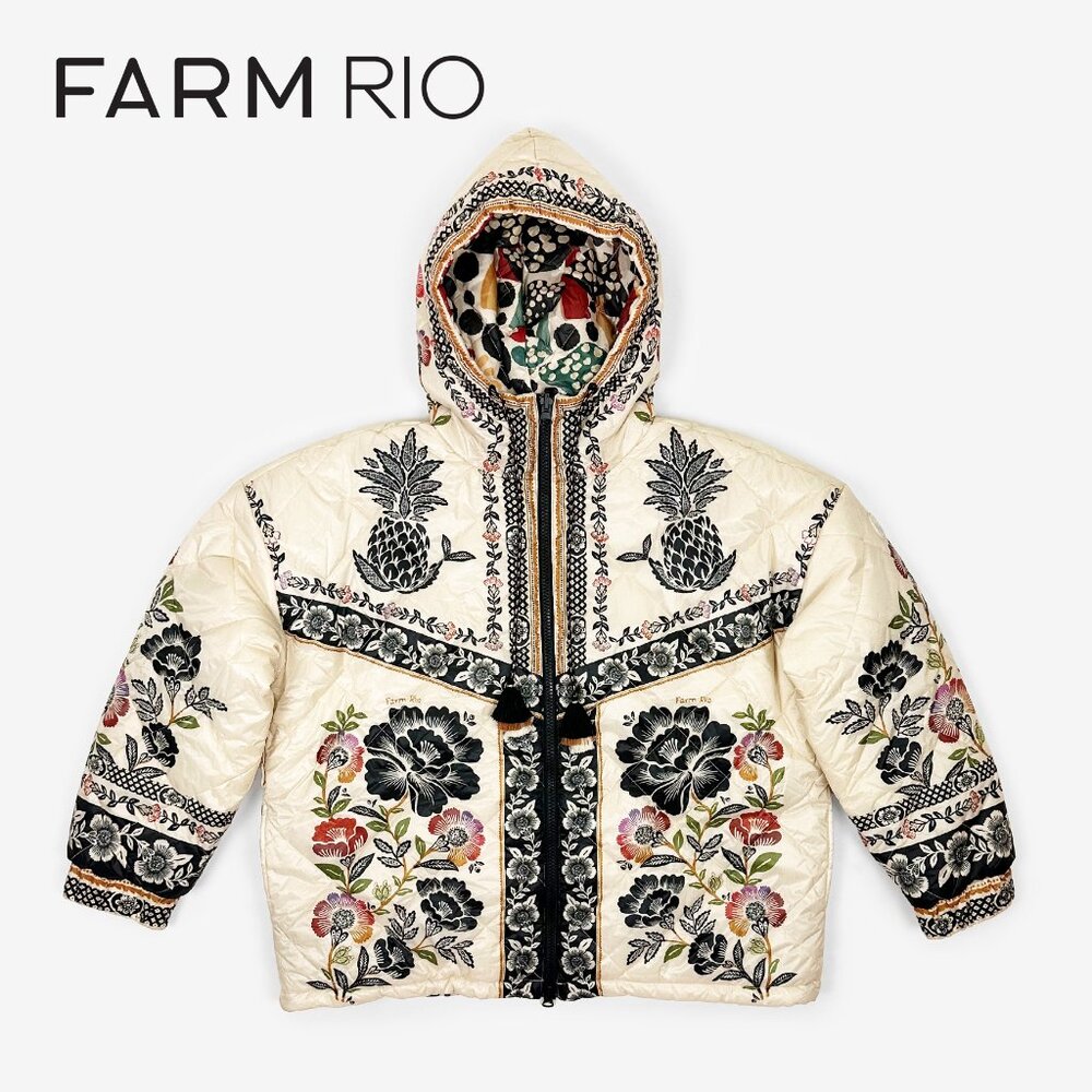 FARM Rio Cream Quilted Puffer Jacket with Black Floral Embroidery - Picture 15 of 15